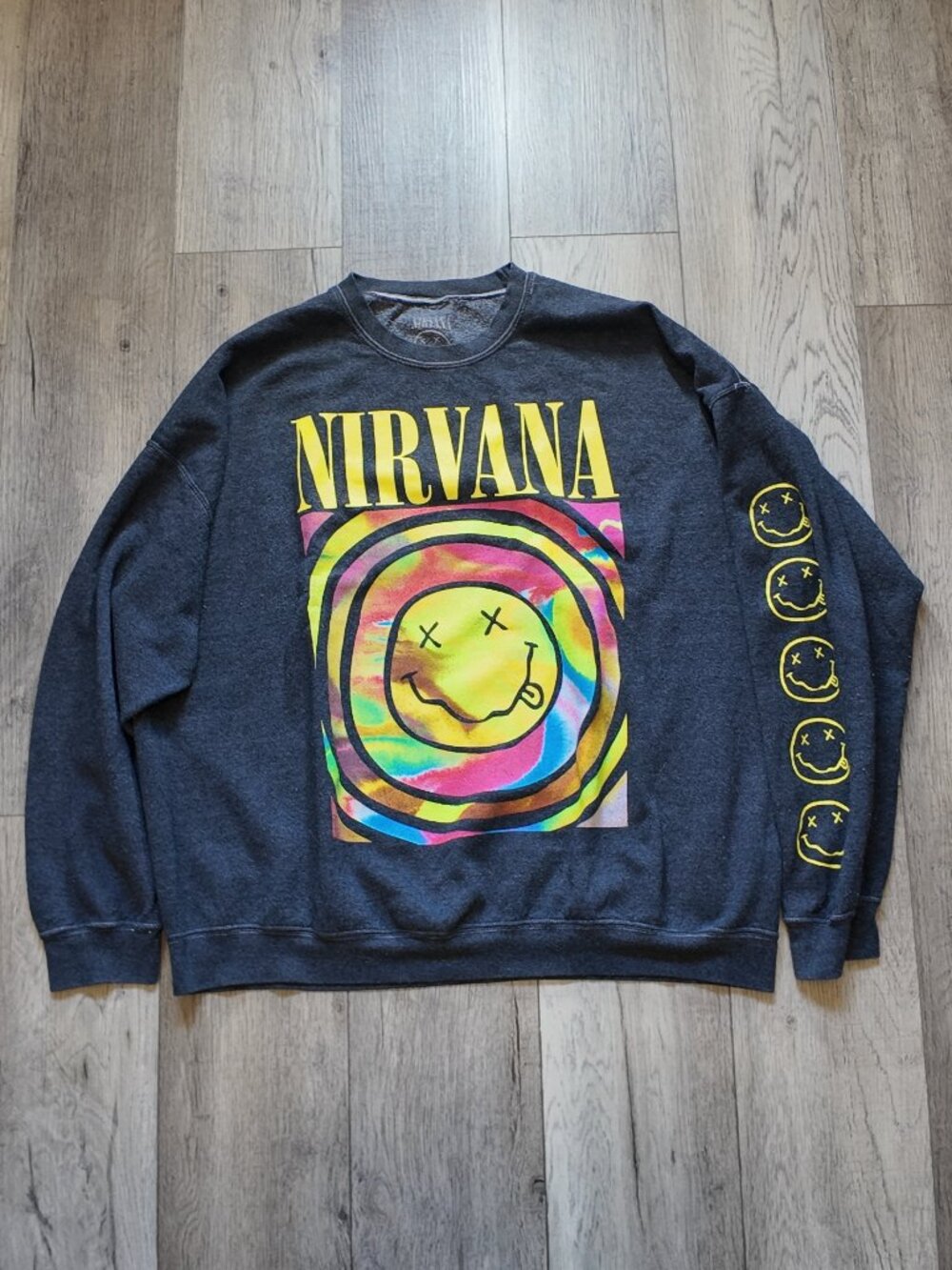 Nirvana Oversized Graphic Crewneck Sweatshirt S/M Gray Neon Tie Dye Smiley Face